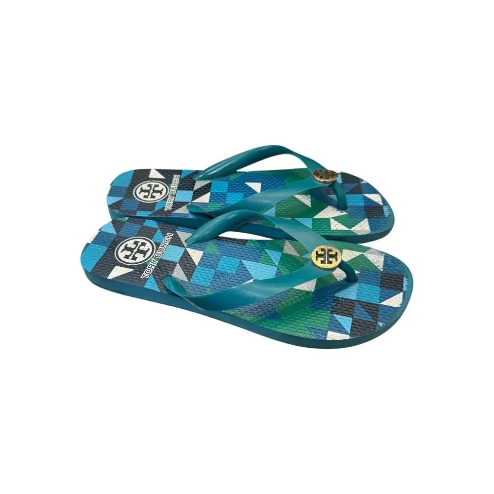Tory Burch Chelsea Geometric Thin Flip Flops Blue Green Gold Logo Sz 6
